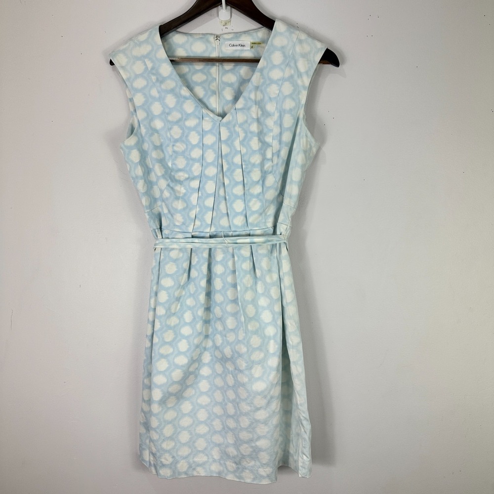 Calvin Klein Sheath Dress Women 8 Blue Polka Dot Sleeveless Belted Career Preppy